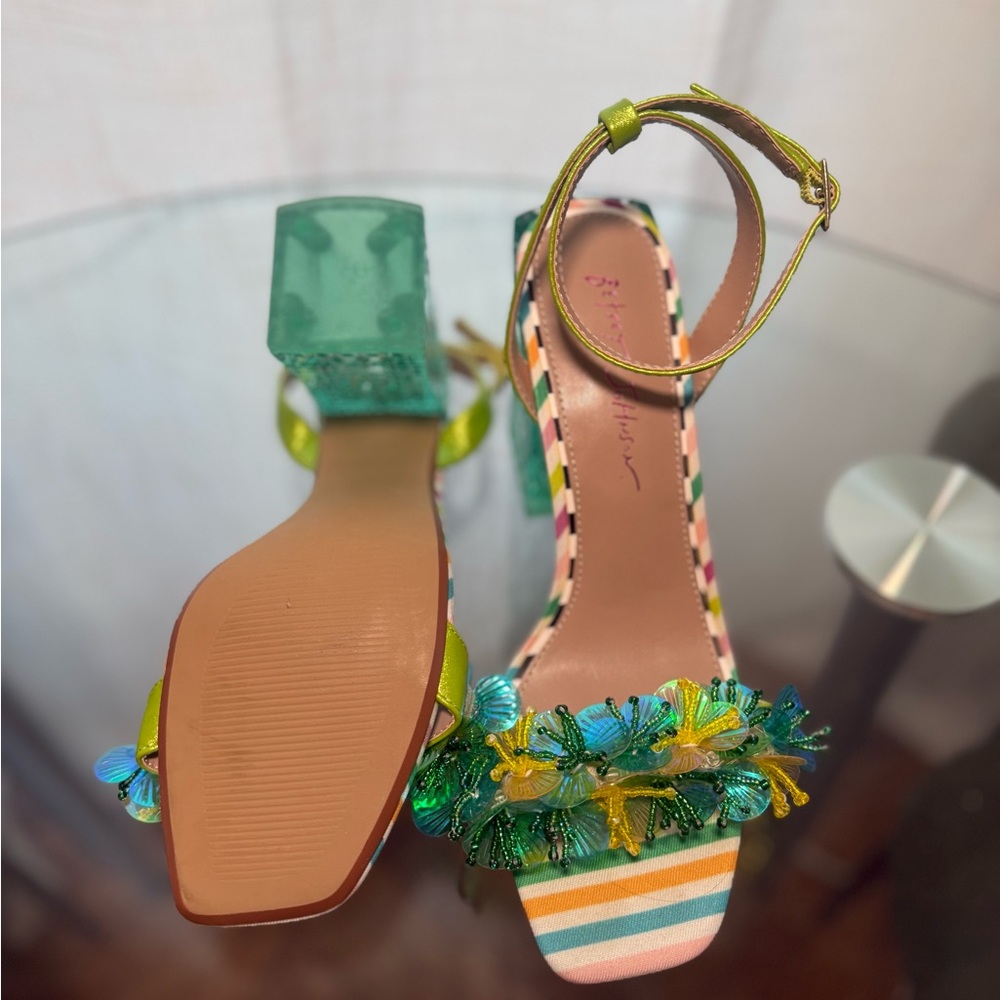 Betsey Johnson Multicolor Striped Heels with Floral Accents - Picture 2 of 2